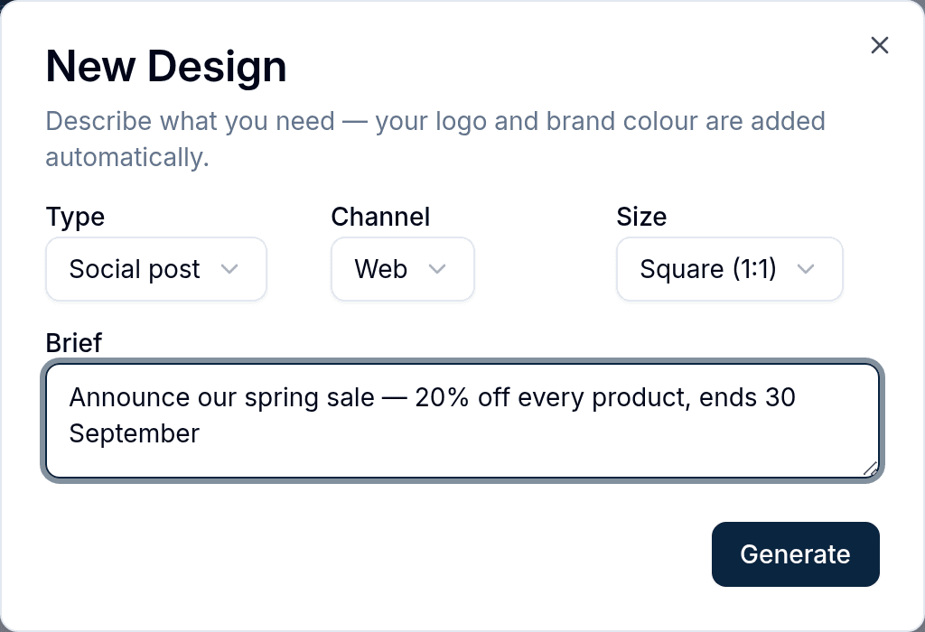The New Design dialog: pickers for design type, channel and size, and a brief box reading “Announce our spring sale — 20% off every product, ends 30 September”, above a Generate button.