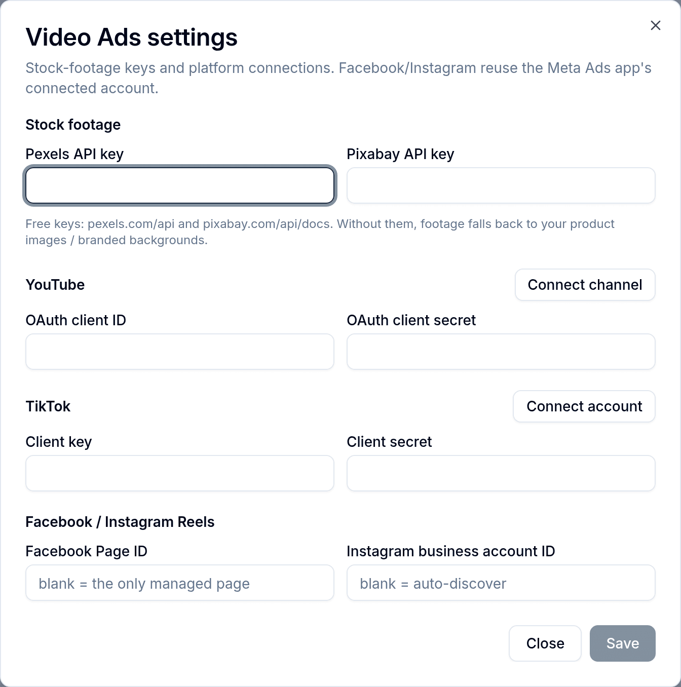 The Video Ads settings dialog: stock-footage API keys, and connection fields for YouTube, TikTok and Facebook/Instagram Reels.