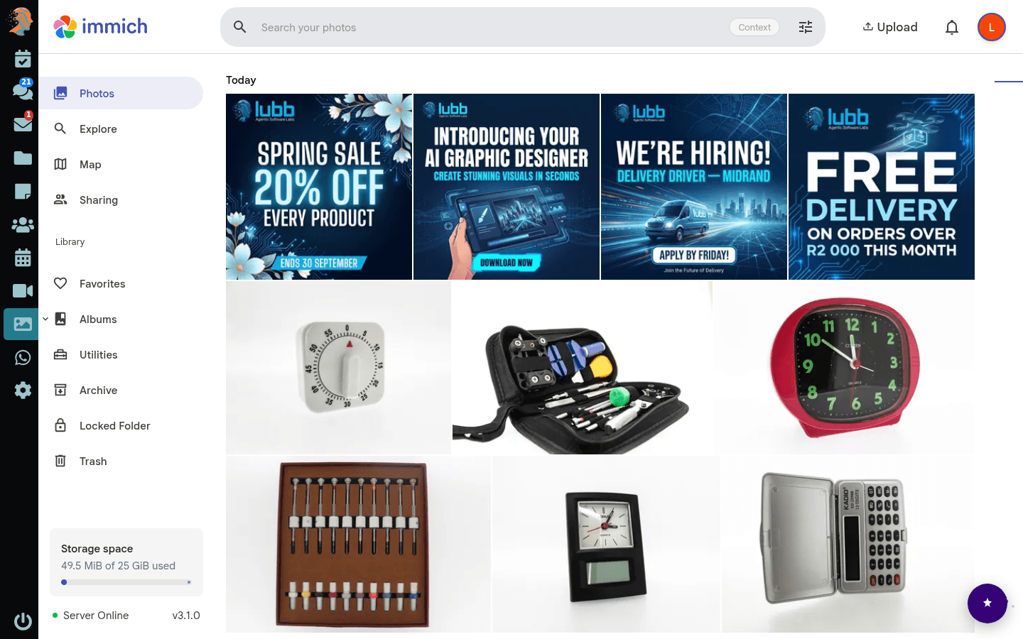 The Lubb Office photo library: a grid of product photographs and marketing artwork, with the library navigation on the left and the storage used so far.