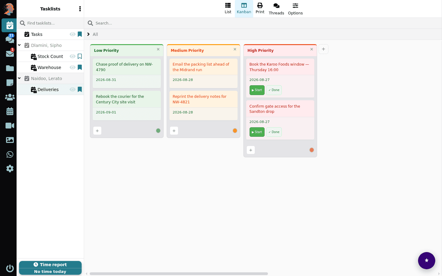 The Lubb Office task board: a sidebar listing this account’s own tasklist and two colleagues’ shared lists by name, with one colleague’s Deliveries list open across Low, Medium and High Priority columns.